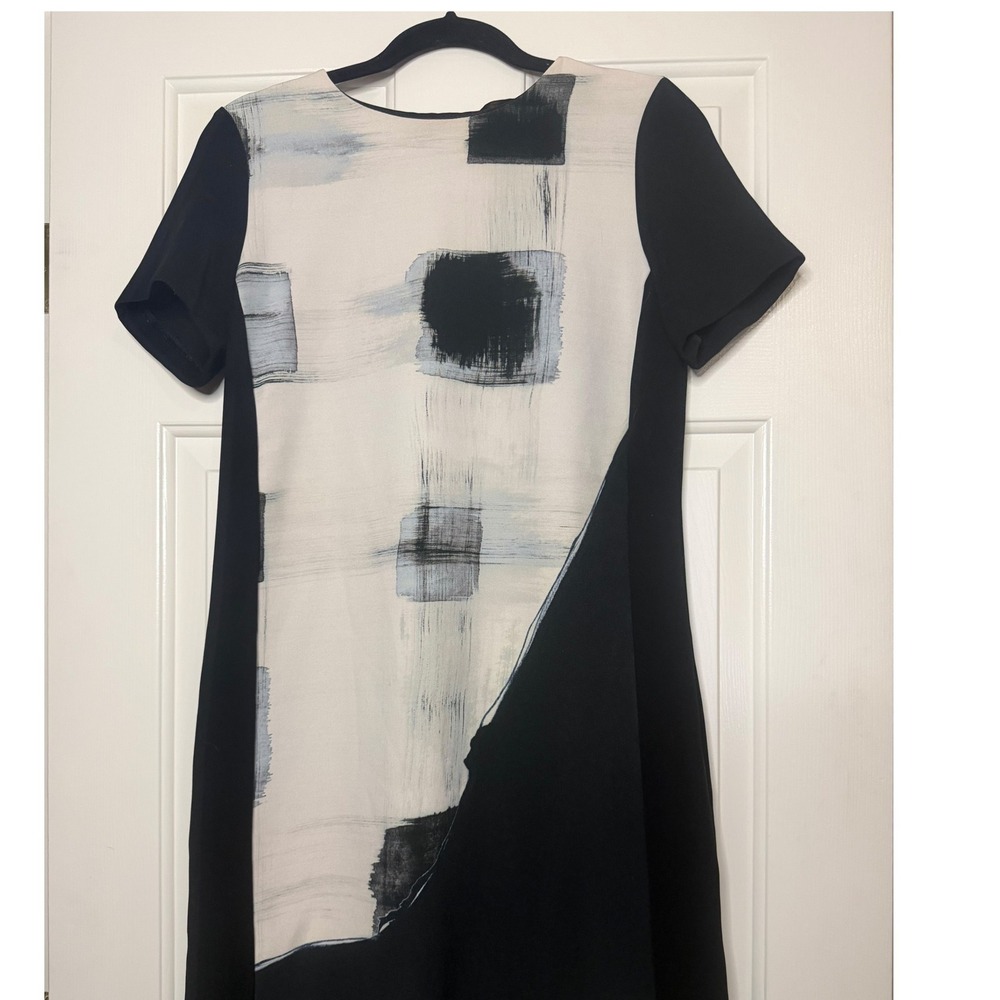 Zara Basic Abstract Brushstroke Print Shift Dress Black White Grey Small